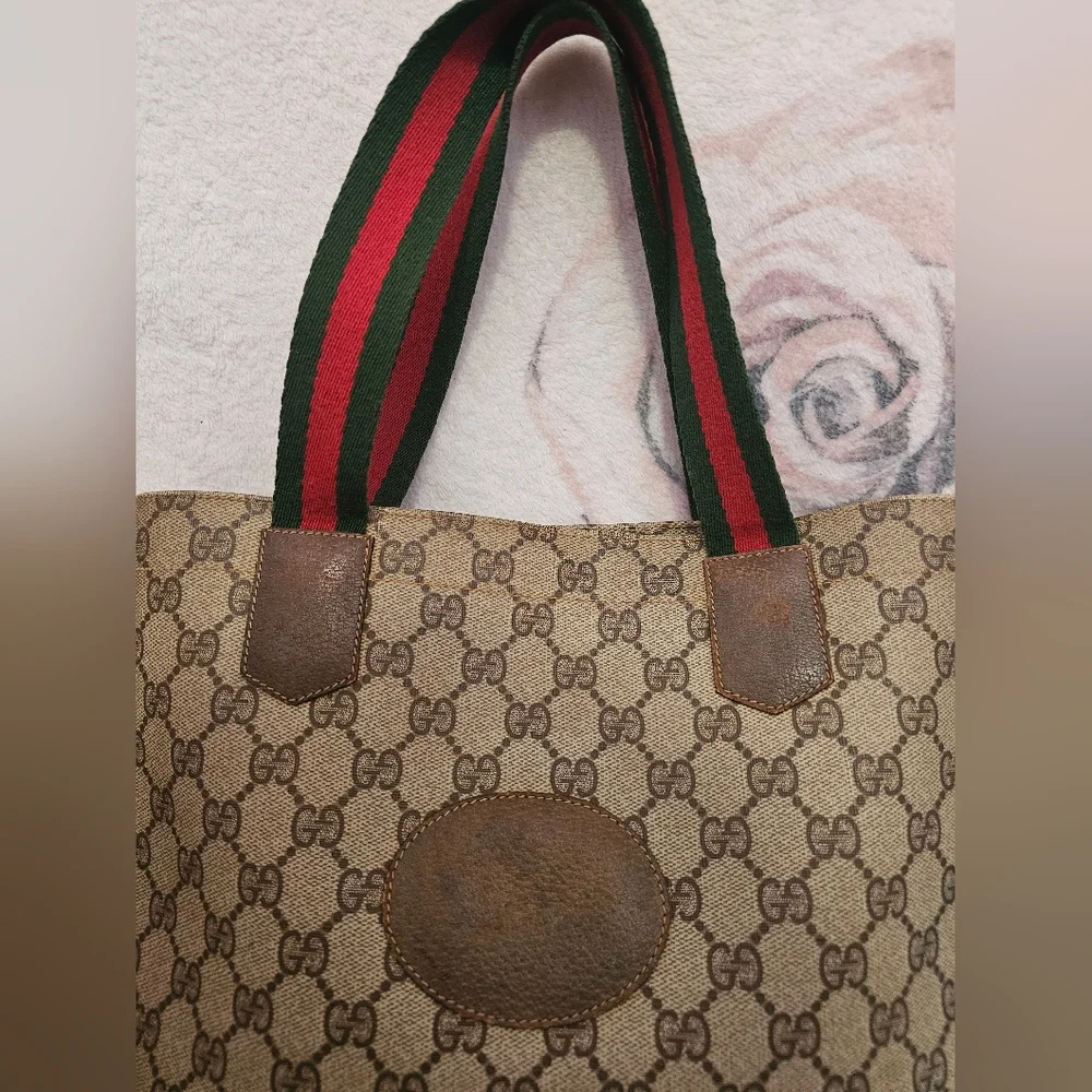 Gucci Beige and Brown Tote Bag with Red and Green Straps GUC - Picture 11 of 16